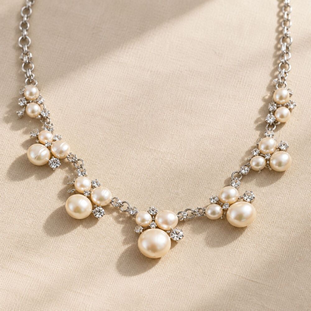 Pearl Cluster Statement Necklace - Manmade Pearls, Clear Stones & Silver chain
